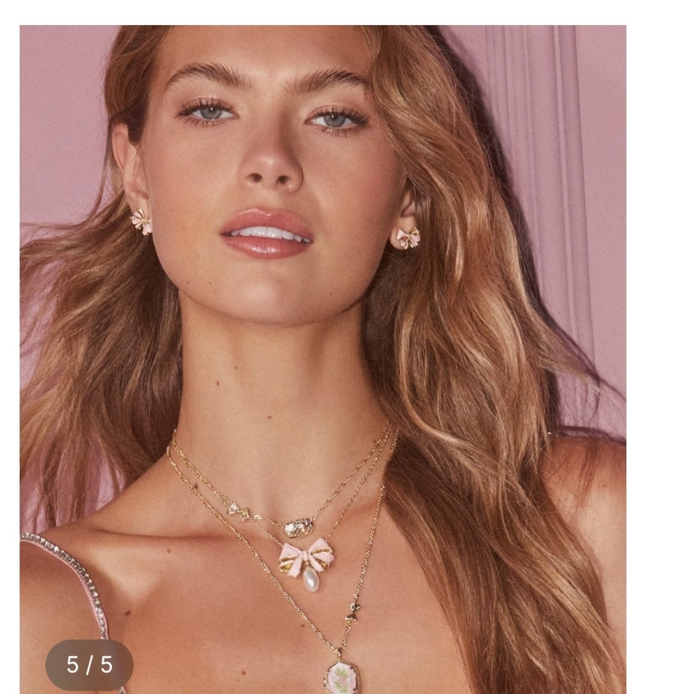 Authentic LoveShackFancy Pearl Gold and Pink Bow Necklace